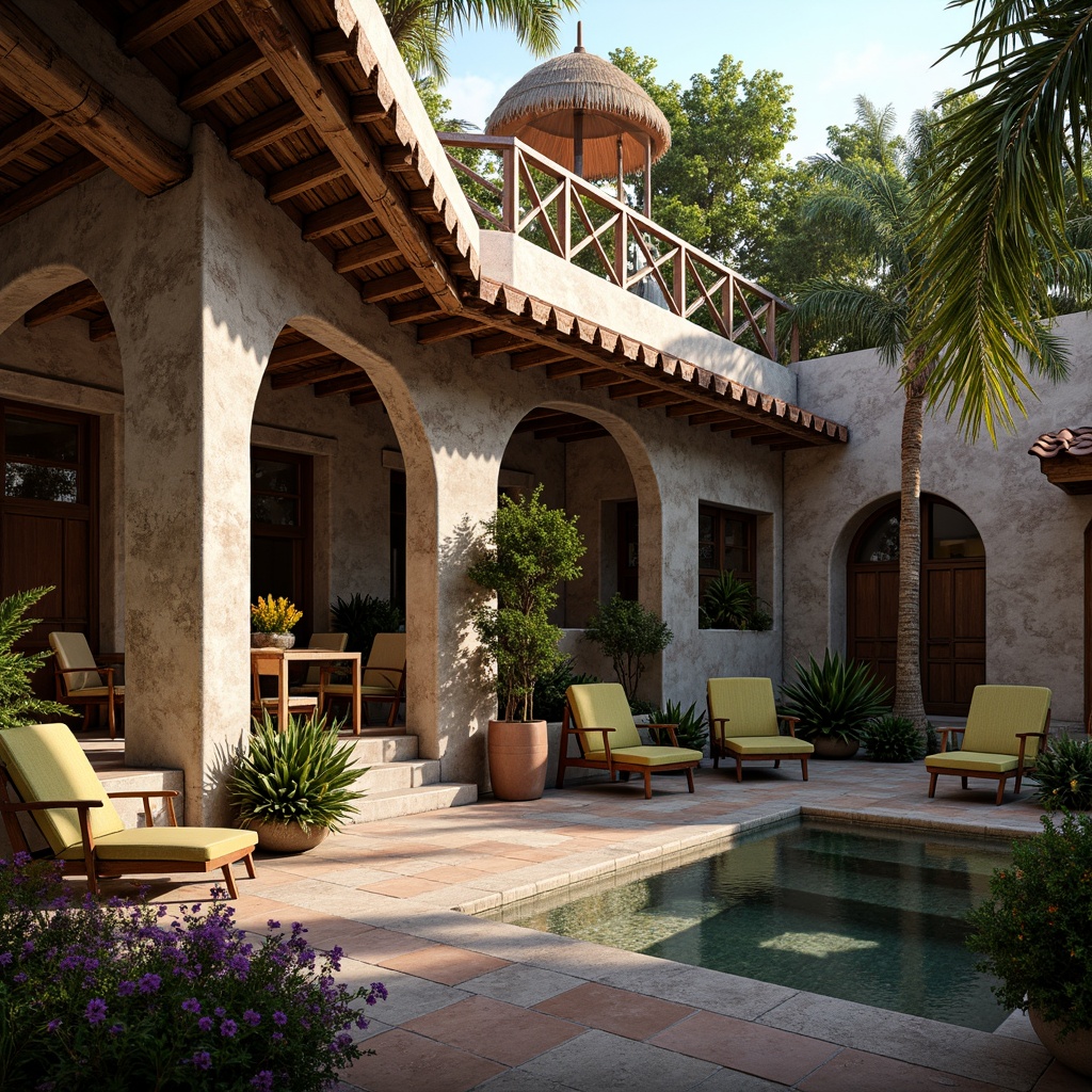 Prompt: Rustic hotel facade, locally-sourced natural stone, earthy tones, wooden accents, traditional roof tiles, ornate metalwork, regional cultural patterns, vibrant colorful textiles, intricate geometric motifs, cozy interior courtyard, lush greenery, water feature, warm ambient lighting, shallow depth of field, 1/1 composition, realistic textures, ambient occlusion.