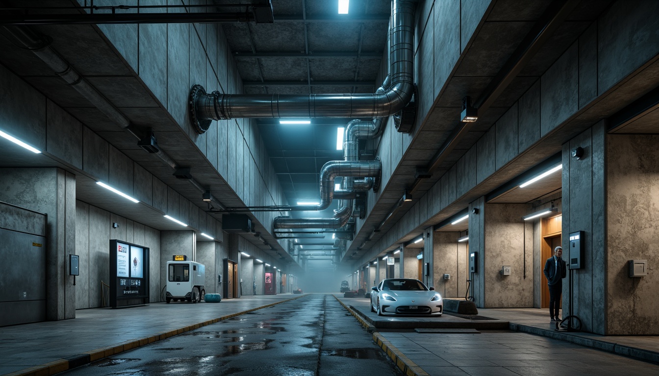 Prompt: Raw concrete walls, exposed ductwork, industrial pipes, metallic beams, functional architecture, brutalist design, urban infrastructure, modern transportation hubs, electric vehicle charging points, futuristic energy systems, neon-lit signage, angular lines, minimalist aesthetic, urban decay, gritty textures, dramatic lighting, low-angle shots, atmospheric fog, desaturated colors, 2/3 composition.