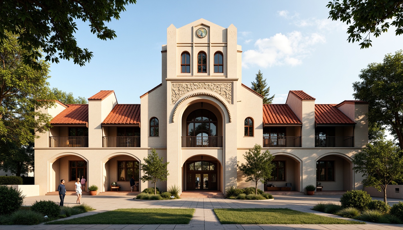 Prompt: Rustic school building, Romanesque style architecture, red terracotta roofing, ornate stone carvings, grand entrance archways, vibrant greenery, educational signage, decorative metal railings, large windows, stained glass details, natural stone walls, modern amenities, innovative solar panels, energy-efficient systems, water harvesting systems, eco-friendly materials, shaded outdoor spaces, warm afternoon lighting, soft focus, 1/1 composition, realistic textures, ambient occlusion.