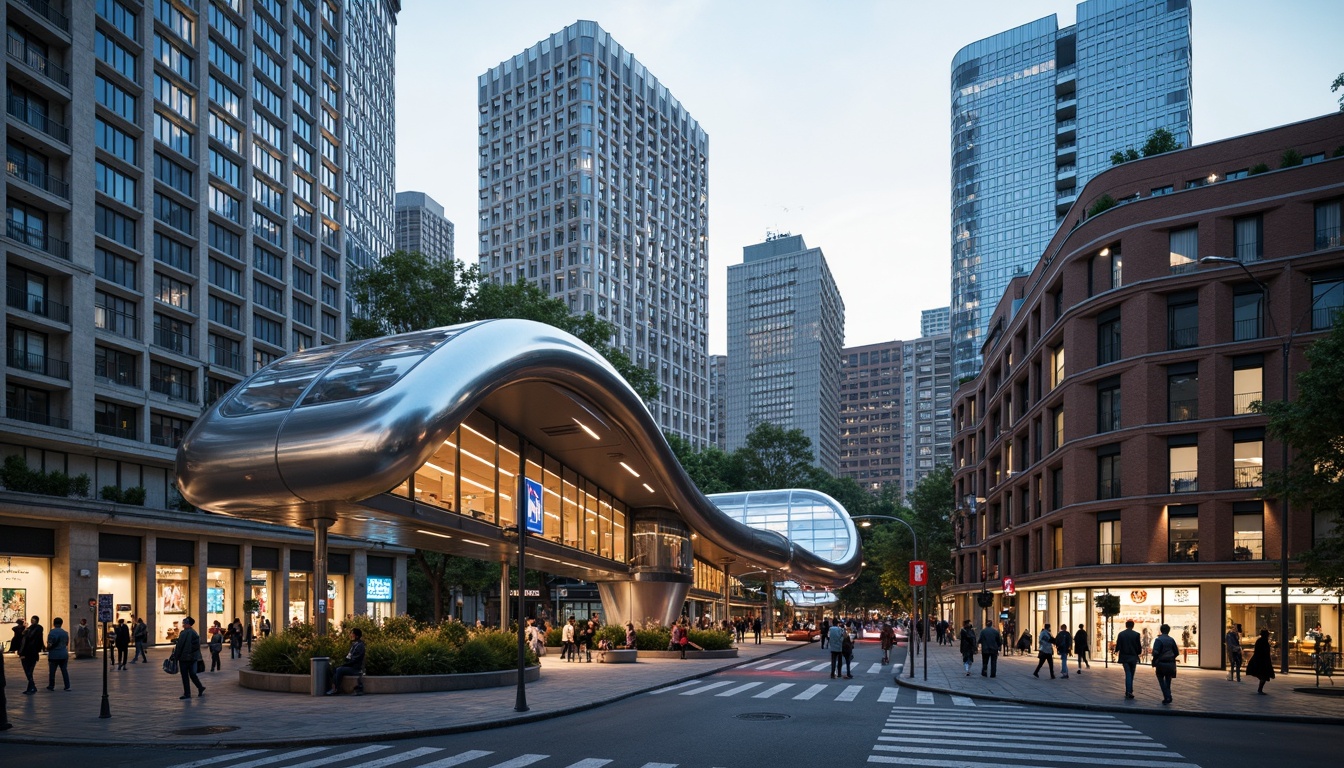 Prompt: Futuristic tram station, curved blob-like architecture, metallic silver surfaces, glowing LED lights, urban cityscape, bustling streets, modern skyscrapers, busy pedestrians, vibrant street art, eclectic mix of old and new buildings, lush green roofs, solar panels, eco-friendly materials, innovative ventilation systems, shallow depth of field, 3/4 composition, panoramic view, realistic textures, ambient occlusion.