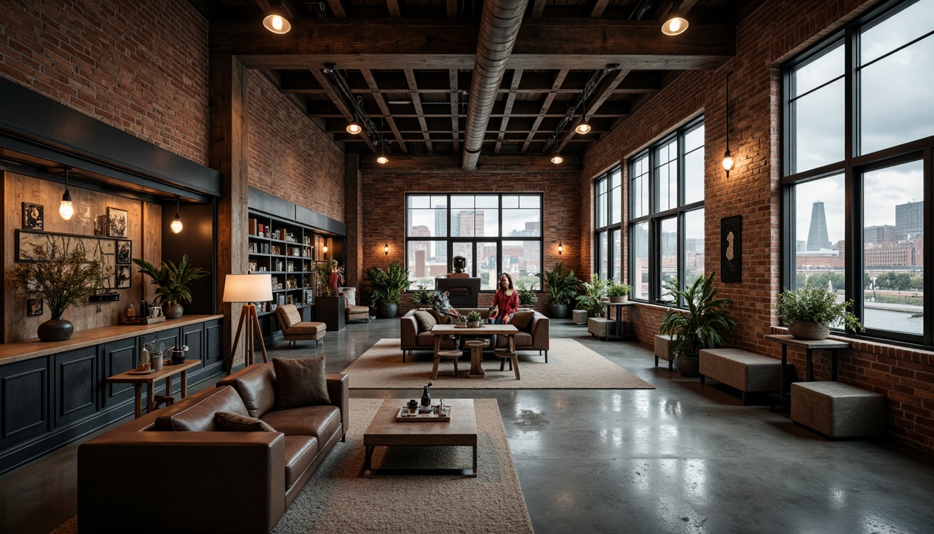 Prompt: Rustic industrial chic building, exposed brick walls, metal beams, reclaimed wood accents, vintage factory windows, concrete floors, Edison bulb lighting, mechanical equipment displays, urban cityscape backdrop, cloudy grey sky, dramatic shading, high contrast ratio, 1/1 composition, symmetrical framing, gritty textures, ambient occlusion.