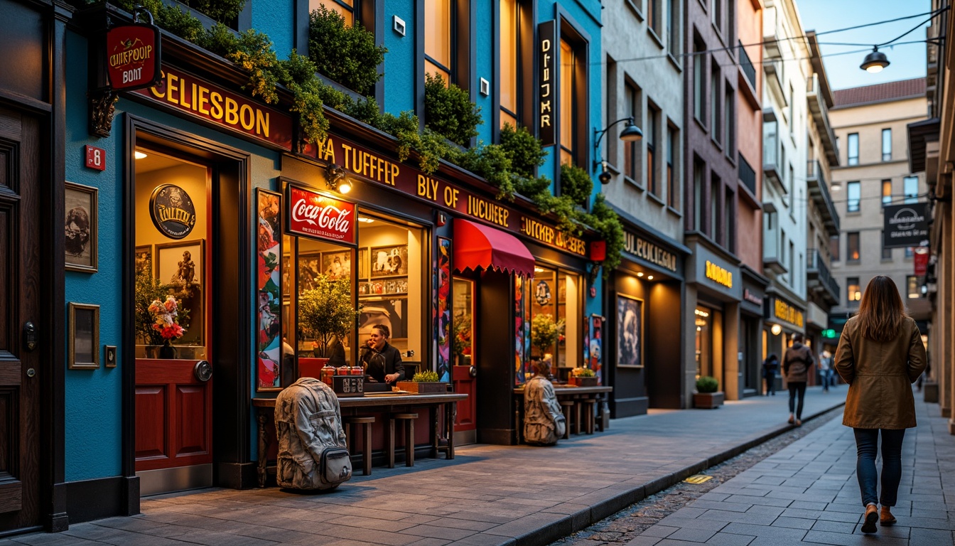 Prompt: Vibrant pub facade, eclectic mix of materials, bold color blocking, irregular shapes, ornate metalwork, intricate stonework, dynamic lighting effects, urban cityscape, bustling streets, lively atmosphere, warm golden hour, shallow depth of field, 1/1 composition, realistic textures, ambient occlusion.