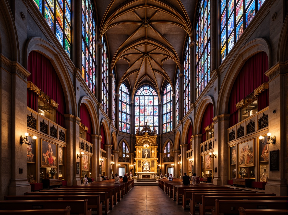 Prompt: Vibrant stained glass windows, ornate Gothic arches, majestic cathedral ceilings, rich velvet drapes, intricate stone carvings, golden altar decorations, soft warm candlelight, serene prayer spaces, symbolic religious icons, sacred geometric patterns, heavenly fresco paintings, divine marble statues, mystical ambiance, 1/1 composition, shallow depth of field, realistic textures, ambient occlusion.