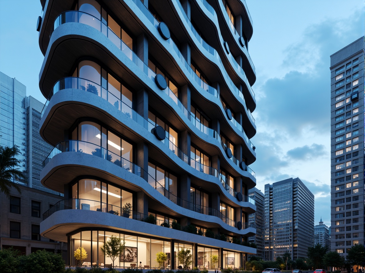 Prompt: Curved building facade, horizontal lines, rounded corners, chrome accents, minimalist ornamentation, double-height windows, cantilevered balconies, sleek metal railings, polished marble flooring, geometric patterned walls, futuristic skyscraper, urban cityscape, cloudy blue sky, dramatic shadowing, 1/1 composition, cinematic lighting, realistic reflections, ambient occlusion.