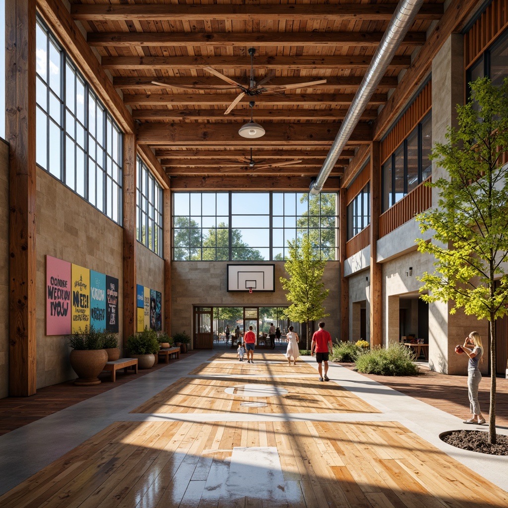 Prompt: Rustic gymnasium, regionalism style architecture, reclaimed wood accents, earthy color palette, natural stone fa\u00e7ade, large windows, clerestory lighting, exposed ductwork, industrial chic interior, eco-friendly materials, solar panels, green roofs, rainwater harvesting systems, wind turbines, bamboo flooring, recycled rubber sports surfaces, vibrant colorful murals, inspirational quotes, motivational signage, state-of-the-art exercise equipment, spacious locker rooms, shower facilities, panoramic views, shallow depth of field, 3/4 composition, realistic textures, ambient occlusion.