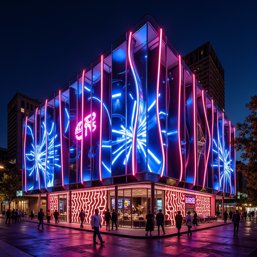 Prompt: Neon-lit nightclub facade, futuristic curves, metallic panels, LED light strips, mirror-like reflections, dynamic projections, strobe lights, vibrant colors, geometric patterns, angular lines, modern fusion architecture, urban cityscape, evening atmosphere, dark skies, spotlight illumination, shallow depth of field, 3/4 composition, low-angle shot, dramatic shadows, realistic textures, ambient occlusion.