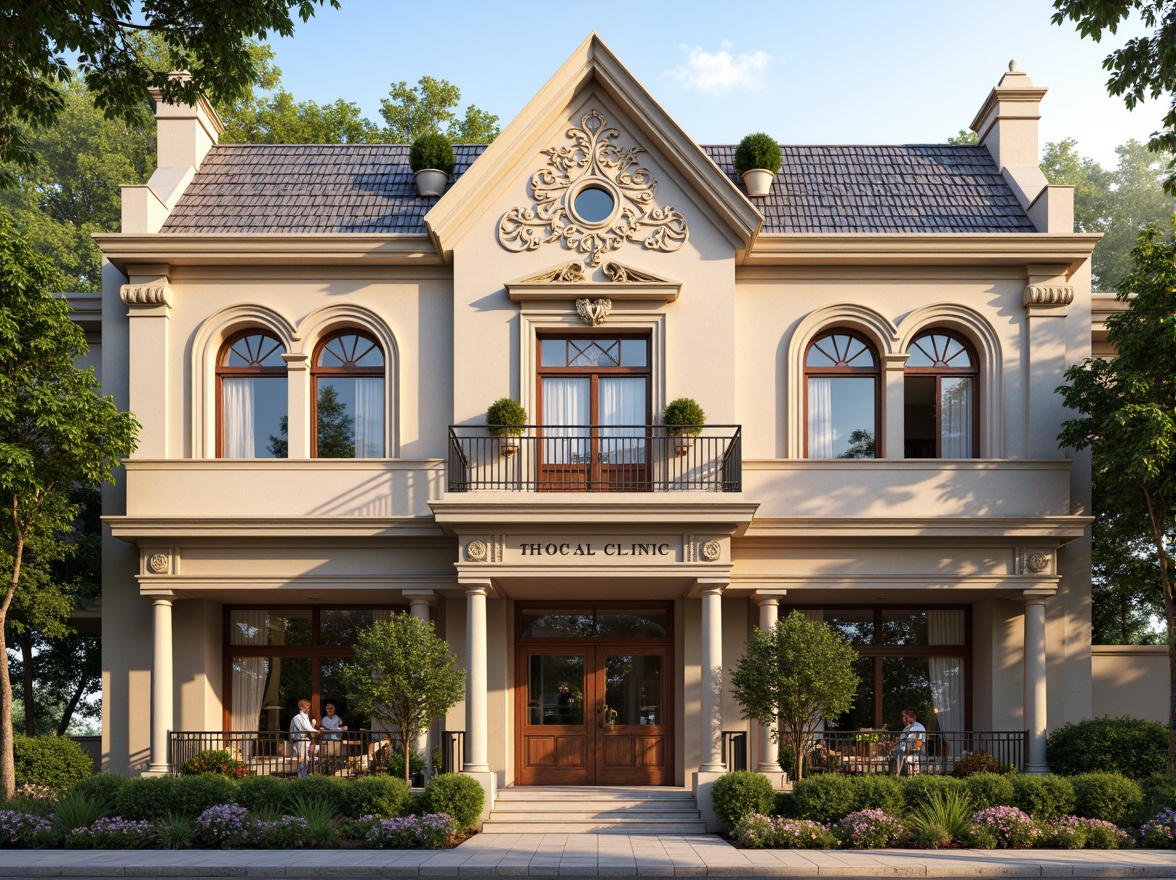 Prompt: Whimsical clinic facade, ornate Victorian details, soft pastel colors, intricate stonework, delicate ironwork, romantic balconies, grand entrance, stained glass windows, ornamental roof tiles, lush greenery, blooming flowers, warm sunny day, soft diffused lighting, shallow depth of field, 1/1 composition, intimate close-up shot, realistic textures, ambient occlusion.Please let me know if this meets your requirements!