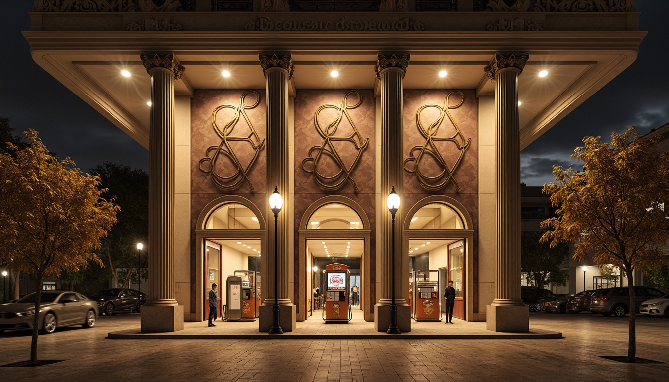 Prompt: Grandiose gas station, neoclassical architecture, ornate columns, intricate carvings, symmetrical facade, classical proportions, majestic entrance, grand archways, elegant lanterns, sophisticated lighting, refined petrol pumps, vintage-inspired signage, premium materials, marble cladding, bronze accents, subtle ornaments, balanced composition, atmospheric perspective, warm golden lighting, shallow depth of field.