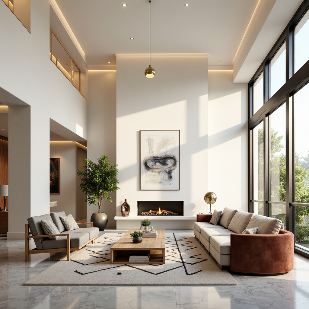 Prompt: Modern luxury living room, sleek minimalist furniture, polished marble floors, creamy white walls, floor-to-ceiling windows, natural daylight, soft warm ambiance, 1/1 composition, shallow depth of field, realistic textures, ambient occlusion, cozy reading nook, plush velvet sofas, geometric patterned rugs, metallic accents, abstract artwork, pendant lighting fixtures, greenery plants, subtle color palette, calming atmosphere.