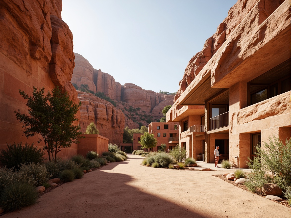 Prompt: Rugged canyon landscape, rust-colored rock formations, vast open spaces, modern canyon-inspired architecture, earthen buildings, natural stone facades, wooden accents, large windows, sliding glass doors, cantilevered roofs, overhanging eaves, dramatic shadow effects, warm earthy tones, desert flora, succulent plants, sandy pathways, rustic metal details, abstract geometric patterns, organic textures, atmospheric perspective, 1/2 composition, soft natural lighting, realistic rock formations.