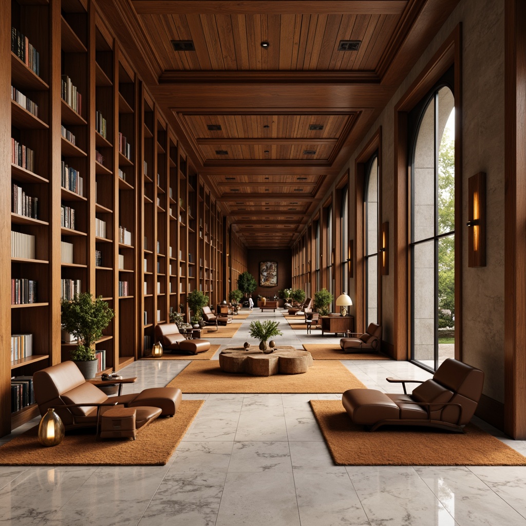 Prompt: Rich wood grain, polished marble floors, soft plush carpets, warm leather upholstery, metallic bookshelves, subtle stone walls, cozy reading nooks, modern minimalistic furniture, ambient soft lighting, shallow depth of field, 3/4 composition, panoramic view, realistic textures, ambient occlusion.