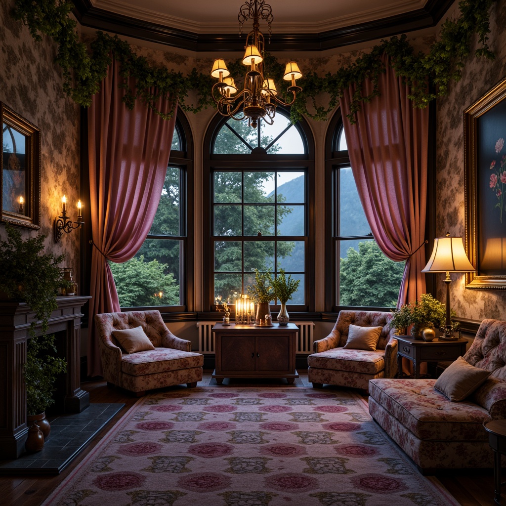 Prompt: Whimsical Victorian-era inspired mansion, soft warm candlelight, rich velvety drapes, ornate golden accents, distressed wooden furniture, lush greenery, vintage floral patterns, muted mauve hues, dusty rose tones, moss-covered stone walls, mysterious twilight atmosphere, subtle misty lighting, shallow depth of field, 1/2 composition, realistic textures, ambient occlusion.