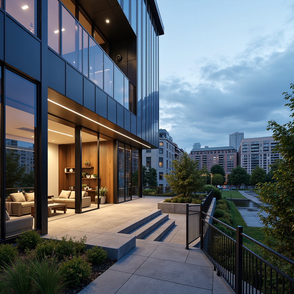 Prompt: Vibrant modern architecture, sleek glass facades, neutral beige tones, deep blue accents, warm golden lighting, industrial metal beams, polished concrete floors, lush green roofs, urban cityscape backdrop, dramatic cloudy sky, cinematic shallow depth of field, 2/3 composition, realistic textures, ambient occlusion.