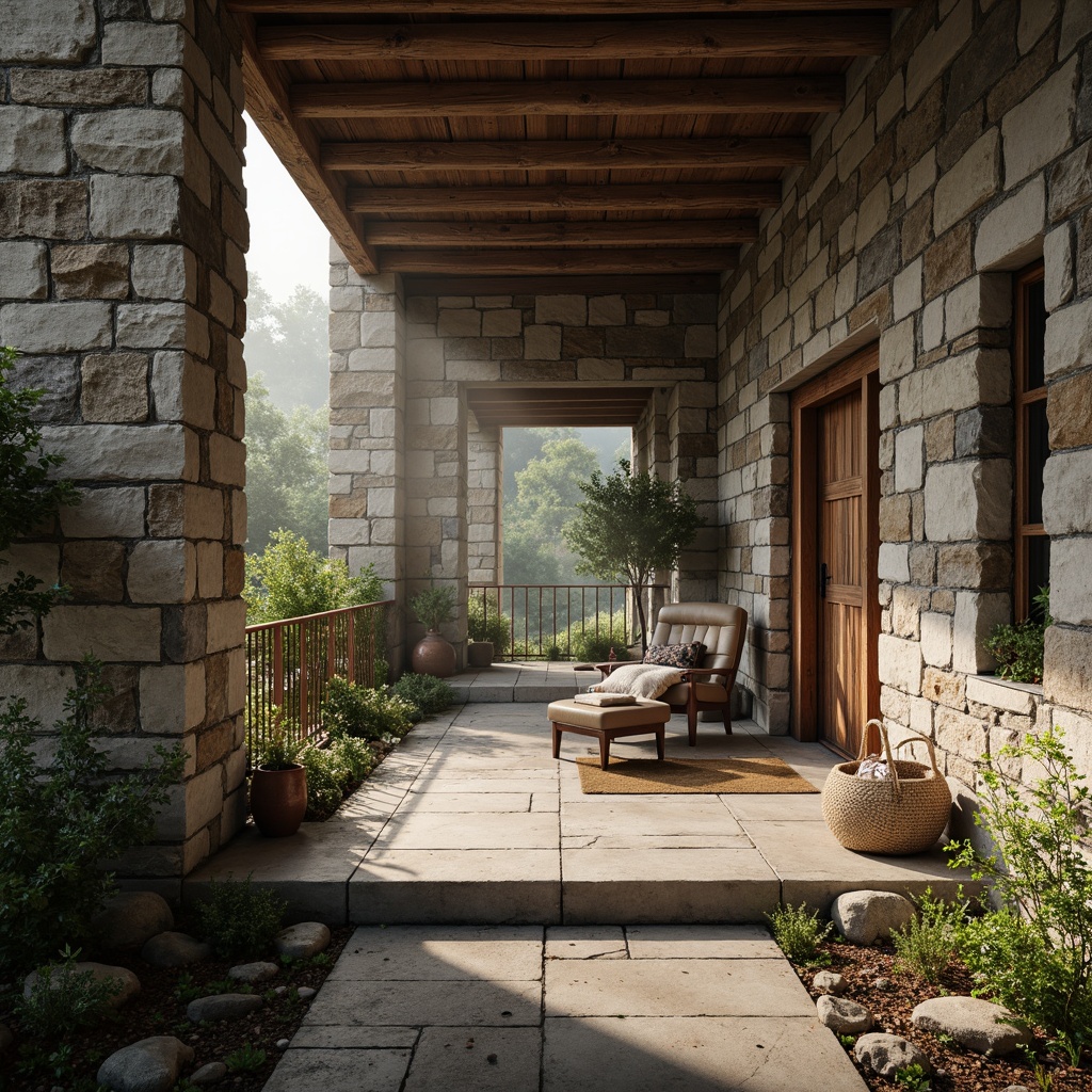 Prompt: Rough stone walls, weathered wood planks, rusty metal accents, tactile concrete floors, organic natural materials, earthy color palette, rugged landscape, misty atmosphere, soft warm lighting, high dynamic range, 1/1 composition, realistic textures, ambient occlusion.