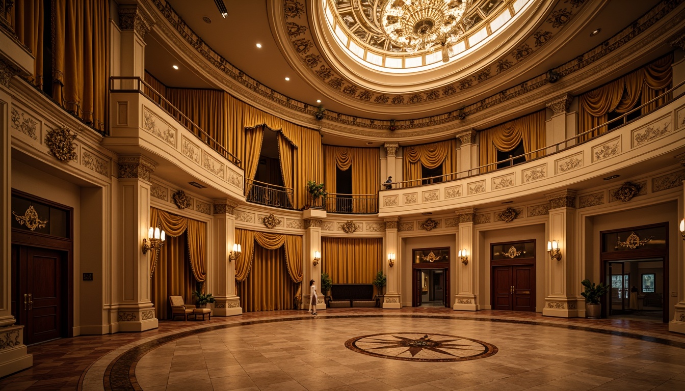 Prompt: Renaissance-style auditorium, ornate chandeliers, grandiose ceilings, intricate moldings, rich velvet curtains, luxurious golden drapes, polished marble floors, ornamental wooden panels, classical columns, sculpted plaster details, warm beige walls, soft warm lighting, shallow depth of field, 3/4 composition, realistic textures, ambient occlusion.