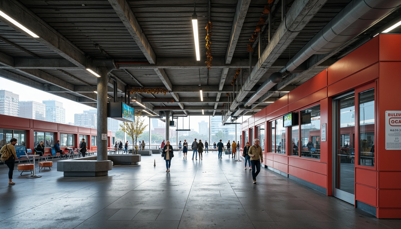 Prompt: Modernist train station, industrial chic aesthetic, exposed ductwork, polished concrete floors, minimalist benches, stainless steel handrails, geometric-shaped waiting areas, functional lighting fixtures, bold color accents, angular lines, open-plan layout, natural ventilation systems, abundant daylighting, cantilevered roofs, futuristic ticketing machines, sleek signage, retro-futuristic clock towers, urban landscape views, busy commuter atmosphere, shallow depth of field, 2/3 composition, high-contrast lighting, realistic materials.