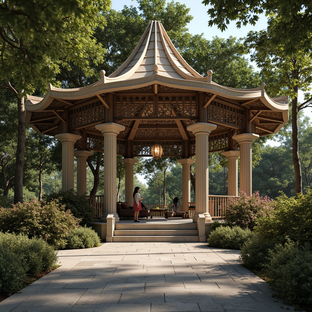 Prompt: Whimsical pavilion, flowing organic curves, ornate metalwork, intricate stonework, botanical motifs, floral patterns, sinuous lines, asymmetrical shapes, natural stone columns, ornamental lanterns, grand entranceways, lavish ornamentation, Art Nouveau inspired architecture, dreamy ambiance, soft diffused lighting, shallow depth of field, 1/1 composition, close-up shot, realistic textures, ambient occlusion.