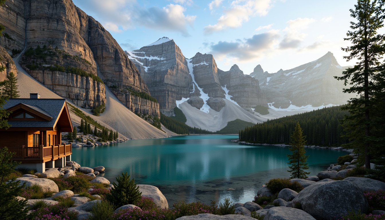 Prompt: Majestic mountain peaks, rugged rock formations, serene alpine lakes, lush green forests, misty foggy atmosphere, warm golden sunlight, soft blue skies, natural earth tones, rocky terrain textures, moss-covered stones, wooden cabin architecture, cozy interior lighting, 3/4 composition, realistic atmospheric effects, subtle color grading.