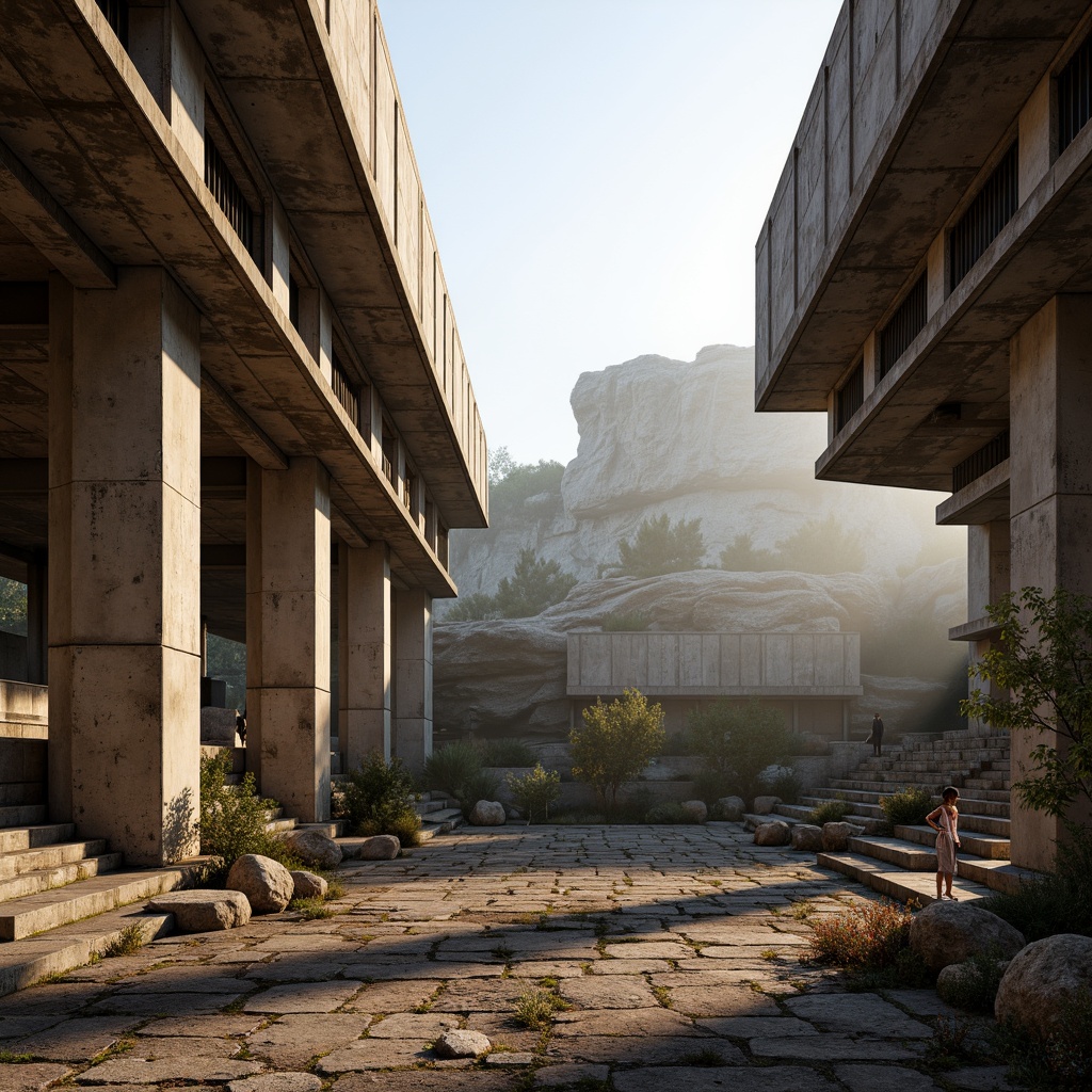 Prompt: Rugged amphitheater, brutalist architecture, exposed concrete structures, angular lines, monumental scale, stepped seating areas, cantilevered roofs, raw industrial materials, weathered steel beams, poured concrete walls, textured stonework, dramatic natural light, harsh shadows, 3/4 composition, low-angle shot, atmospheric mist, warm golden lighting, realistic rock textures, ambient occlusion.