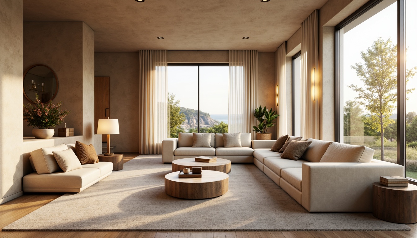 Prompt: Cozy living room, plush furniture, warm beige walls, large windows, natural light, soft carpeting, comfortable seating, minimalist decor, functional storage units, sleek coffee table, modern lamp fixtures, calming color palette, spatial harmony, 3/4 composition, shallow depth of field, panoramic view, realistic textures, ambient occlusion.