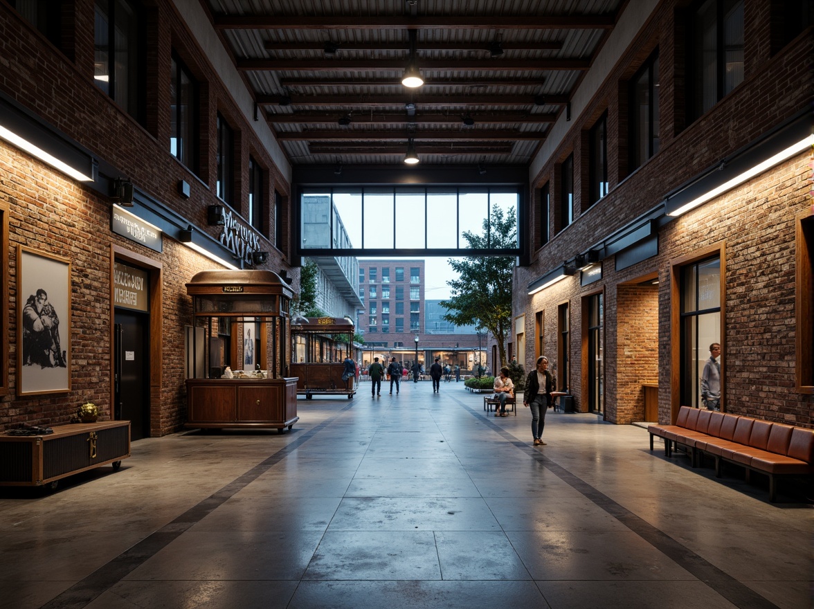 Prompt: Industrial-era train station, exposed brick walls, steel beams, polished concrete floors, geometric-shaped pillars, functionalist architecture, minimalist design, bold typography signage, vintage luggage carts, metal railings, leather-upholstered benches, warm industrial lighting, shallow depth of field, 1/1 composition, realistic material textures, ambient occlusion, rough stone walls, distressed wood accents, cold blue tones, overcast sky, urban cityscape.