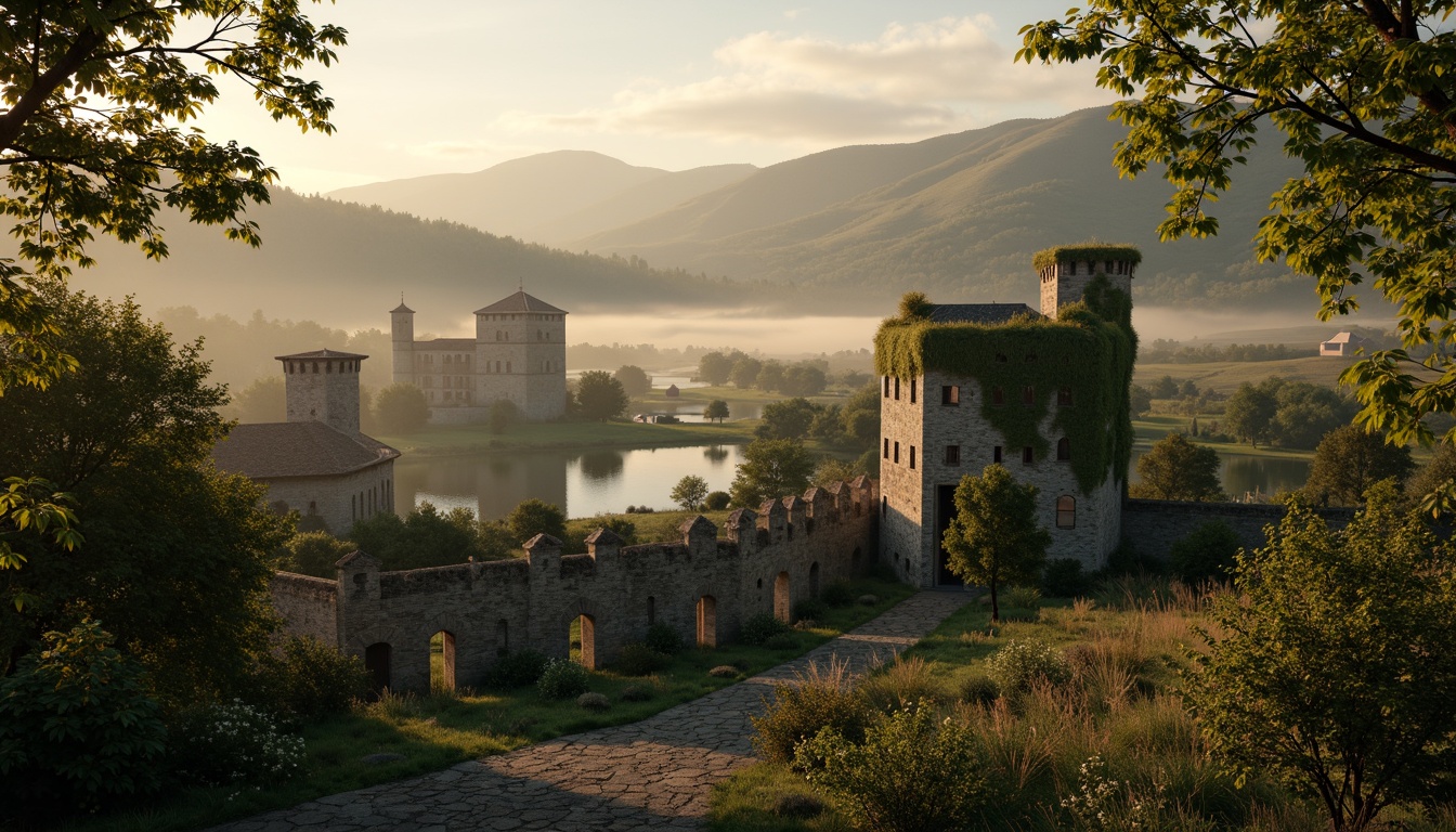 Prompt: Rustic watchtowers, medieval stone walls, ivy-clad towers, misty valleys, rolling hills, serene lakeside, tranquil atmosphere, warm golden lighting, soft focus, shallow depth of field, 2/3 composition, panoramic view, realistic textures, ambient occlusion, romanticized landscape, mysterious fog, ancient trees, overgrown ruins, Gothic arches, ornate stonework, mystical ambiance, dreamy quality.