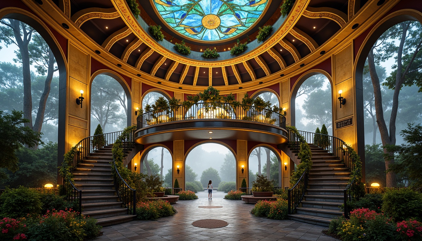 Prompt: Vibrant art nouveau pavilion, ornate organic details, flowing curves, iridescent glass mosaics, rich jewel-toned colors, bold color contrast, warm golden lighting, intricate metalwork, whimsical florals, grand entrance archways, sweeping staircases, ornate balconies, lush greenery surroundings, misty morning atmosphere, soft focus, shallow depth of field, 1/2 composition, atmospheric perspective, delicate textures, subtle ambient occlusion.