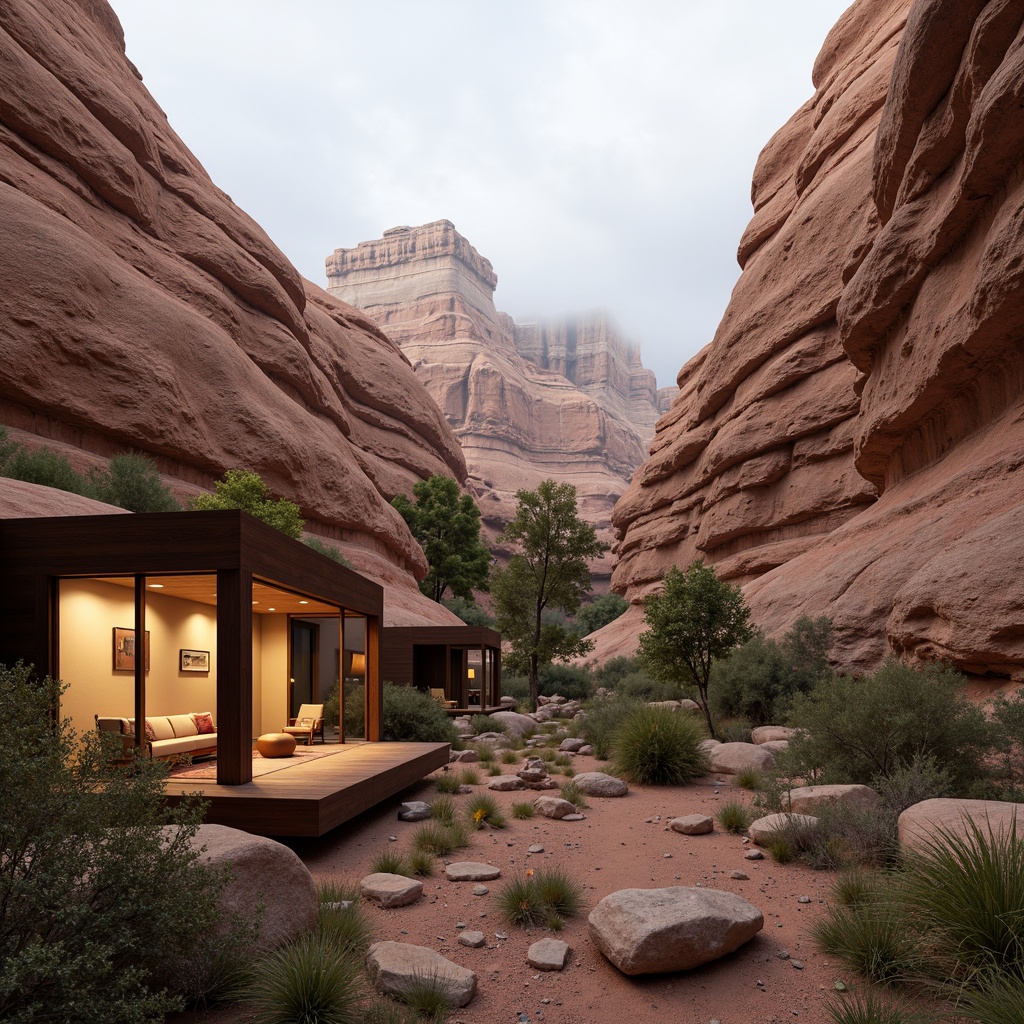 Prompt: Rugged canyon landscape, rust-colored rock formations, dramatic cliffs, sprawling desert vegetation, modern canyon-inspired architecture, earthy tones, natural stone facades, wooden accents, minimalist design, large windows, sliding glass doors, cantilevered roofs, brutalist structures, textured concrete walls, industrial-style lighting, warm ambient glow, shallow depth of field, 2/3 composition, panoramic view, realistic rock textures, atmospheric fog effects.