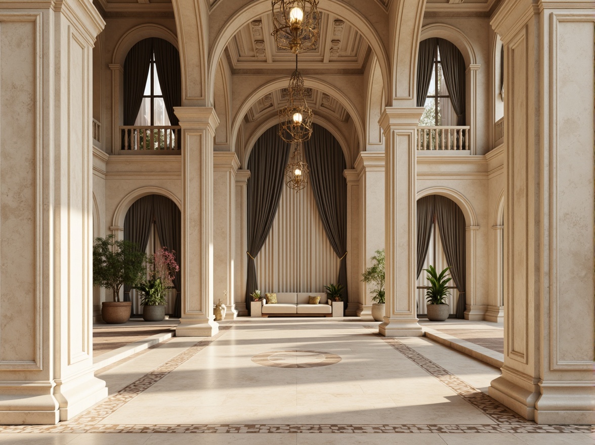 Prompt: Grandiose columns, ornate details, neutral beige, soft creams, muted gold accents, rich wood tones, velvet drapes, intricate moldings, symmetrical facades, elegant arches, refined stucco textures, subtle marble patterns, warm ambient lighting, soft focus, 1/2 composition, realistic renderings.