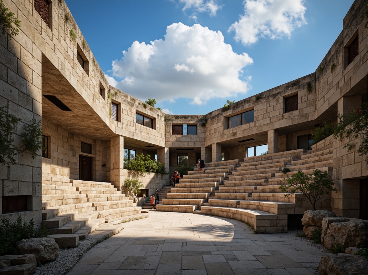 Prompt: Rough-hewn stone amphitheater, brutalist architecture, natural light pouring, dramatic shadows, rugged concrete textures, exposed ductwork, industrial aesthetic, minimalist seating, steep tiered seating, open-air atmosphere, blue sky above, fluffy white clouds, warm sunlight, high contrast lighting, deep shadows, 1/2 composition, symmetrical framing, raw concrete walls, oxidized metal accents, sparse vegetation, rocky outcrops.