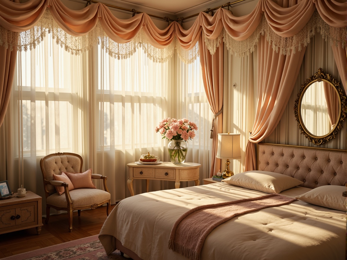 Prompt: Whimsical bedroom, soft warm lighting, flowing drapery, billowy curtains, delicate lace trim, romantic florals, pastel color palette, ornate metal rods, crystal beaded tiebacks, sheer fabrics, diaphanous textures, dreamy ambiance, intimate setting, private retreat, luxurious bedding, plush carpets, velvet upholstery, subtle sheen, diffused natural light, warm golden tones, 1/1 composition, shallow depth of field, realistic reflections.