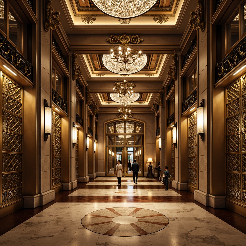 Prompt: Grandiose bank building, ornate metal doors, intricate stone carvings, lavish bronze details, geometric patterns, zigzag motifs, sunburst designs, metallic materials, luxurious marble floors, high ceilings, grand chandeliers, opulent furnishings, warm golden lighting, shallow depth of field, 1/1 composition, symmetrical view, realistic textures, ambient occlusion.