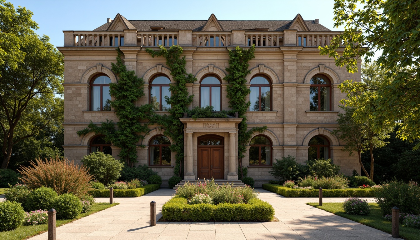 Prompt: Rustic school building, Romanesque style facade, arched windows, thick stone walls, ornate carvings, grand entrance, heavy wooden doors, vibrant greenery, lush ivy climbing, rustic brickwork, earthy color palette, warm sunny day, soft natural lighting, shallow depth of field, 3/4 composition, realistic textures, ambient occlusion.