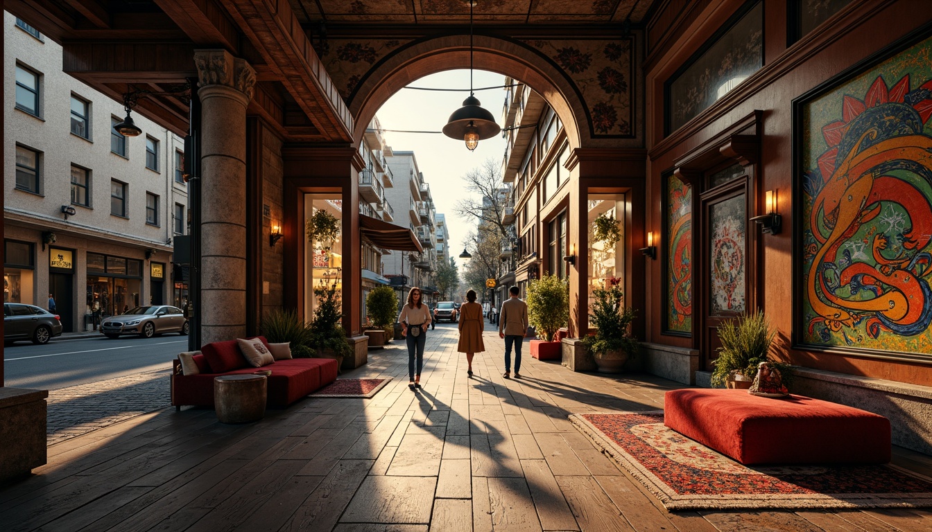 Prompt: Rustic wooden planks, weathered stone walls, distressed metal panels, vibrant graffiti murals, urban cityscape, bustling streets, eclectic shopfronts, ornate architectural details, intricate mosaics, richly patterned rugs, plush velvet drapes, warm golden lighting, shallow depth of field, 1/2 composition, realistic textures, ambient occlusion.