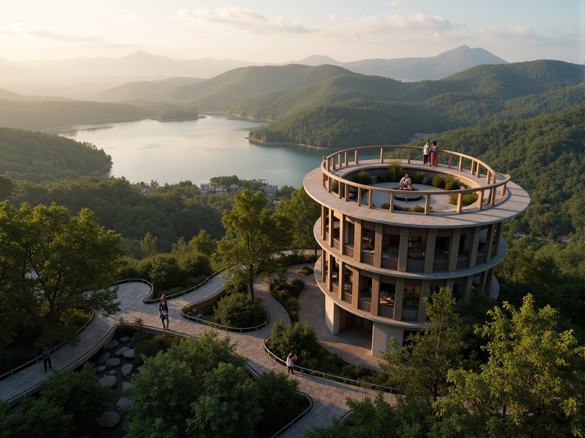 Prompt: Scenic watchtower, panoramic views, rolling hills, lush green forests, winding stone pathways, rustic wooden bridges, serene lakeside, misty dawn atmosphere, soft warm lighting, 1/2 composition, natural textures, ambient occlusion, blending with surroundings, organic architecture, curved lines, earthy tones, weathered wood accents, cozy interior spaces, minimal ornamentation, functional simplicity, observation decks, telescopes, binoculars, star-gazing nights, peaceful ambiance.