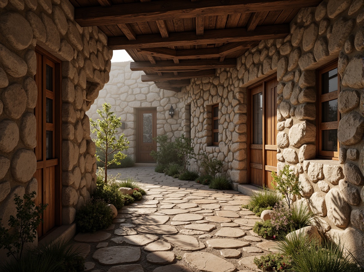 Prompt: Rustic stone walls, earthy tones, organic textures, weathered wooden accents, natural rock formations, rugged cliffside settings, dramatic overhanging eaves, asymmetrical compositions, warm ambient lighting, soft misty atmosphere, 1/2 composition, intimate close-up views, realistic normal maps, subtle specular highlights.