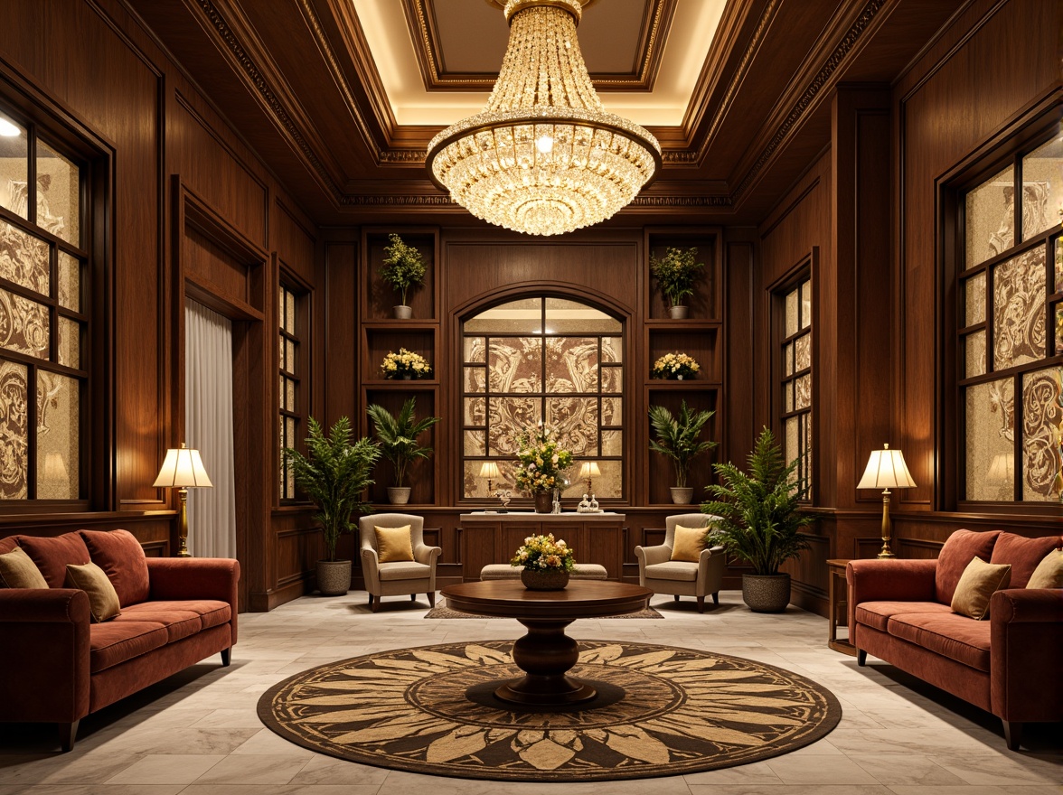 Prompt: Luxurious bank interior, ornate Art Deco patterns, golden metallic accents, rich wood paneling, marble flooring, grand chandelier, geometric shapes, intricate moldings, luxurious fabrics, velvet drapes, leather sofas, polished brass fixtures, subtle warm lighting, shallow depth of field, 1/1 composition, realistic textures, ambient occlusion.