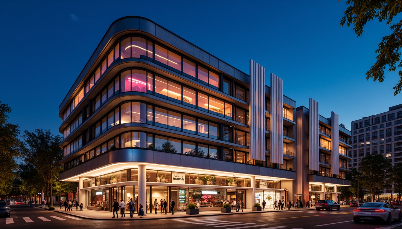 Prompt: Dramatic theater facade, sweeping curved lines, bold geometric shapes, metallic materials, glass curtain walls, cantilevered balconies, angular rooflines, neon light installations, vibrant color schemes, urban cityscape, bustling streets, nighttime ambiance, shallow depth of field, 1/2 composition, panoramic view, realistic textures, ambient occlusion.