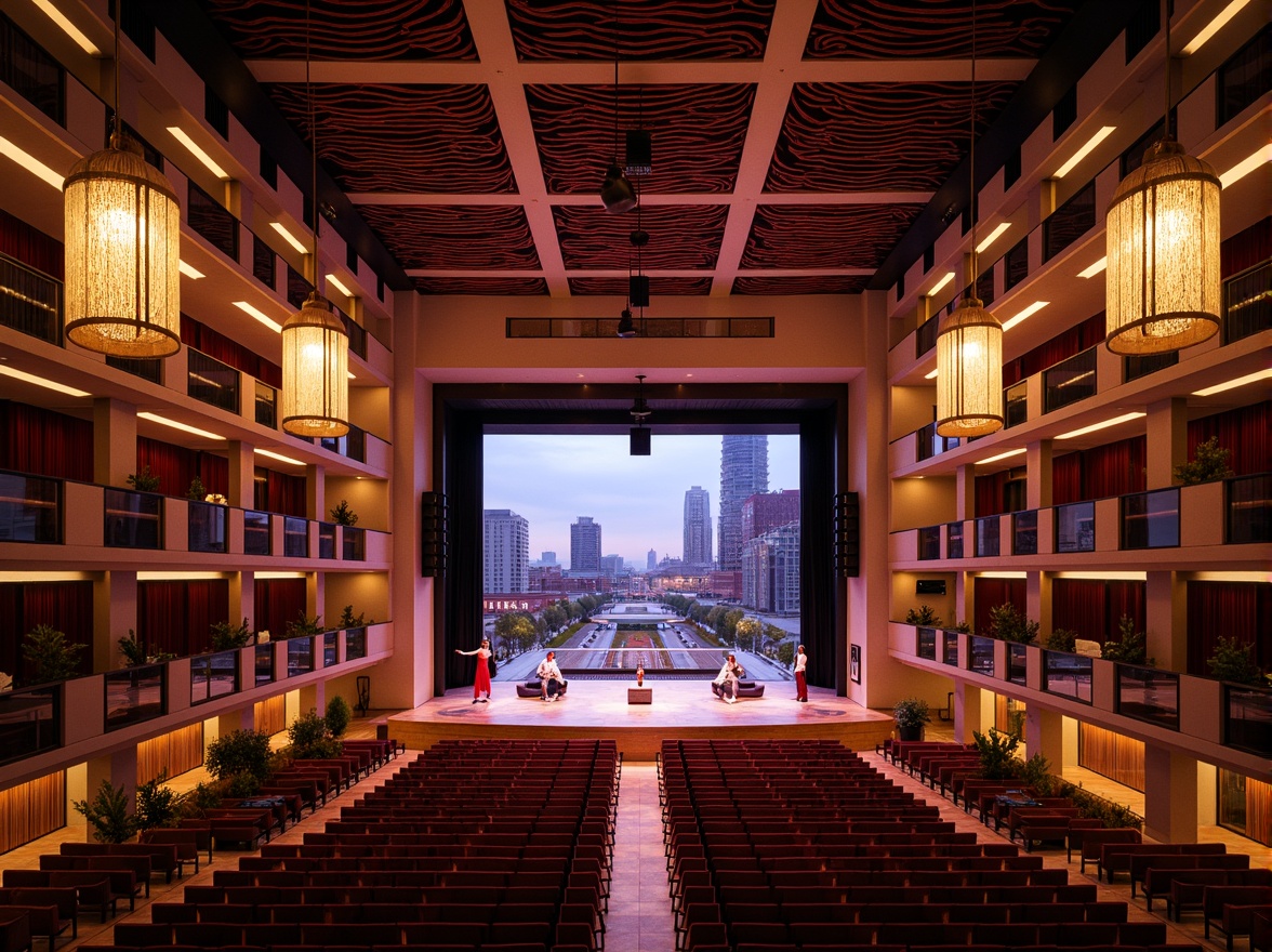 Prompt: Grand concert hall, ornate chandeliers, red velvet curtains, polished wooden floors, tiered seating, state-of-the-art sound systems, spotlights, catwalks, backstage areas, dressing rooms, VIP lounges, luxurious amenities, urban skyline views, sleek modern architecture, glass facades, cantilevered balconies, dynamic LED lighting, 3/4 composition, shallow depth of field, warm golden hour lighting, soft focus background blur.