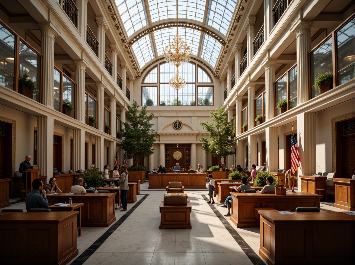 Prompt: Grand courthouse building, neoclassical architecture, tall pillars, ornate facades, large windows, glass roofs, natural light pouring in, spacious atriums, wooden benches, marble floors, high ceilings, stately chandeliers, American flags, judicial chambers, courtrooms, witness stands, judges' benches, law libraries, oak wood paneling, leather-bound books, soft warm lighting, shallow depth of field, 3/4 composition, panoramic view, realistic textures, ambient occlusion.