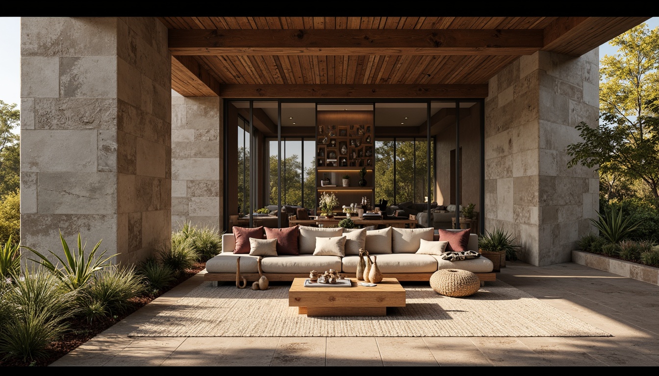 Prompt: Rough stone walls, rustic wooden accents, smooth glass surfaces, metallic cladding, weathered concrete, tactile brick patterns, ornate plaster details, intricate mosaic tiles, natural fiber textiles, organic shapes, earthy color palette, warm ambient lighting, shallow depth of field, 1/1 composition, realistic material rendering.