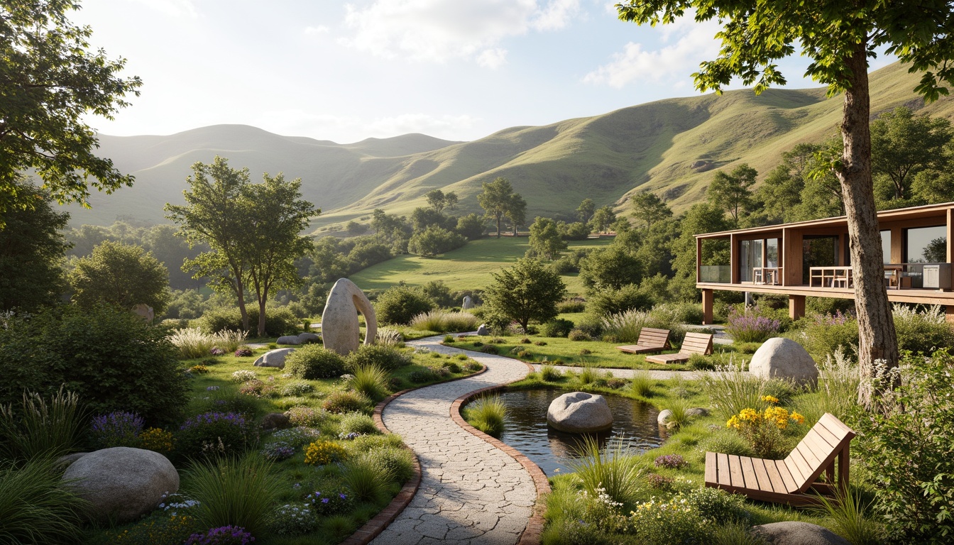 Prompt: Serene natural scenery, rolling hills, lush greenery, meandering pathways, tranquil water features, vibrant wildflowers, wooden benches, artistic sculptures, modern architecture, large windows, sliding glass doors, warm neutral color palette, soft diffused lighting, shallow depth of field, 3/4 composition, panoramic view, realistic textures, ambient occlusion.