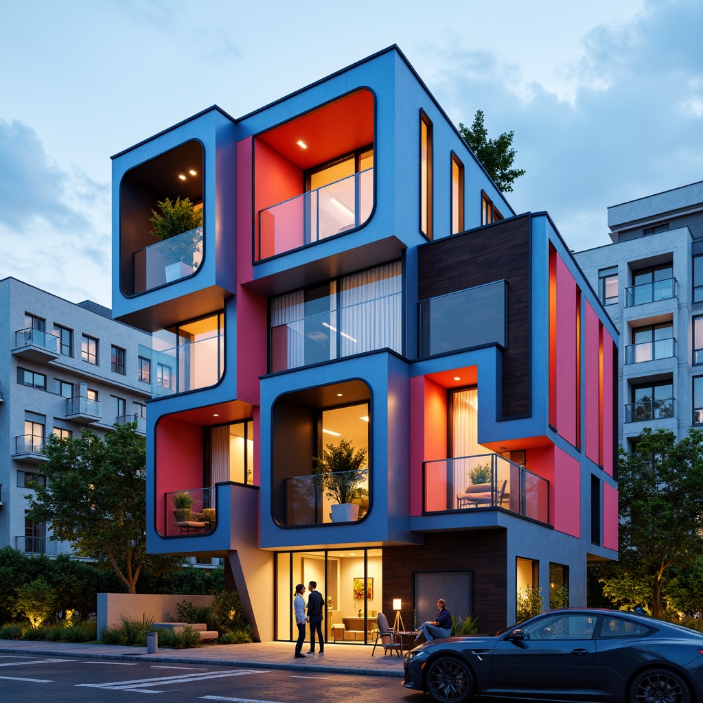 Prompt: Vibrant residential facade, bold color blocking, irregular shape formations, cantilevered balconies, dynamic LED lighting, futuristic materials, double-glazed windows, sleek metal accents, minimalist ornamentation, experimental structural systems, modular construction, green roofs, urban landscape views, cloudy sky backdrop, soft diffused light, shallow depth of field, 1/2 composition, cinematic framing, realistic textures, ambient occlusion.