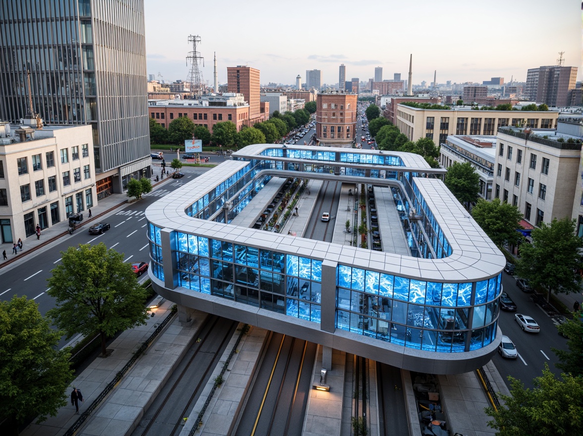 Prompt: Futuristic tram station, curved glass facade, LED light installations, dynamic patterns, sustainable materials, green roofs, solar panels, wind turbines, modern architecture, sleek metal structures, angular lines, minimalist design, vibrant colors, geometric motifs, urban landscape, busy streets, cityscape, daytime atmosphere, soft natural lighting, shallow depth of field, 3/4 composition, realistic textures, ambient occlusion.