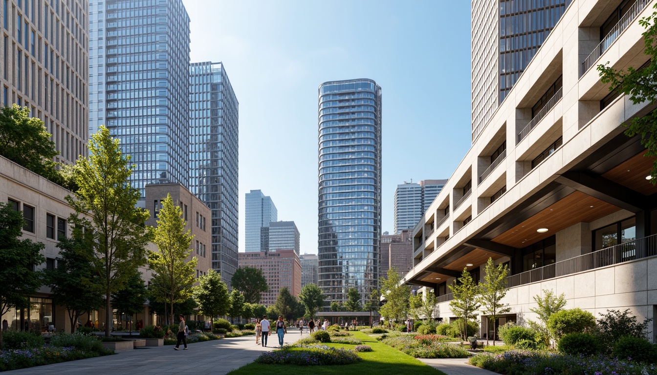 Prompt: Vibrant cityscape, urban skyscrapers, green roofs, large windows, reflective glass facades, angular lines, modern architecture, natural stone cladding, steel beams, open floor plans, high ceilings, minimalist interior design, abundant natural light, soft warm illumination, shallow depth of field, 3/4 composition, panoramic view, realistic textures, ambient occlusion, bustling streets, urban parks, pedestrian walkways, city gardens, blooming flowers, sunny day, clear blue sky.