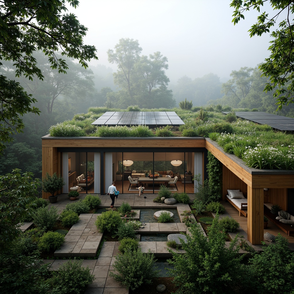 Prompt: Eco-friendly building, green roofs, solar panels, rainwater harvesting system, natural ventilation, living walls, vertical gardens, organic materials, recycled wood, low-carbon footprint, energy-efficient systems, biophilic design, seamless indoor-outdoor transitions, serene forest surroundings, misty morning atmosphere, soft diffused lighting, shallow depth of field, 2/3 composition, intimate scale, warm earthy tones.