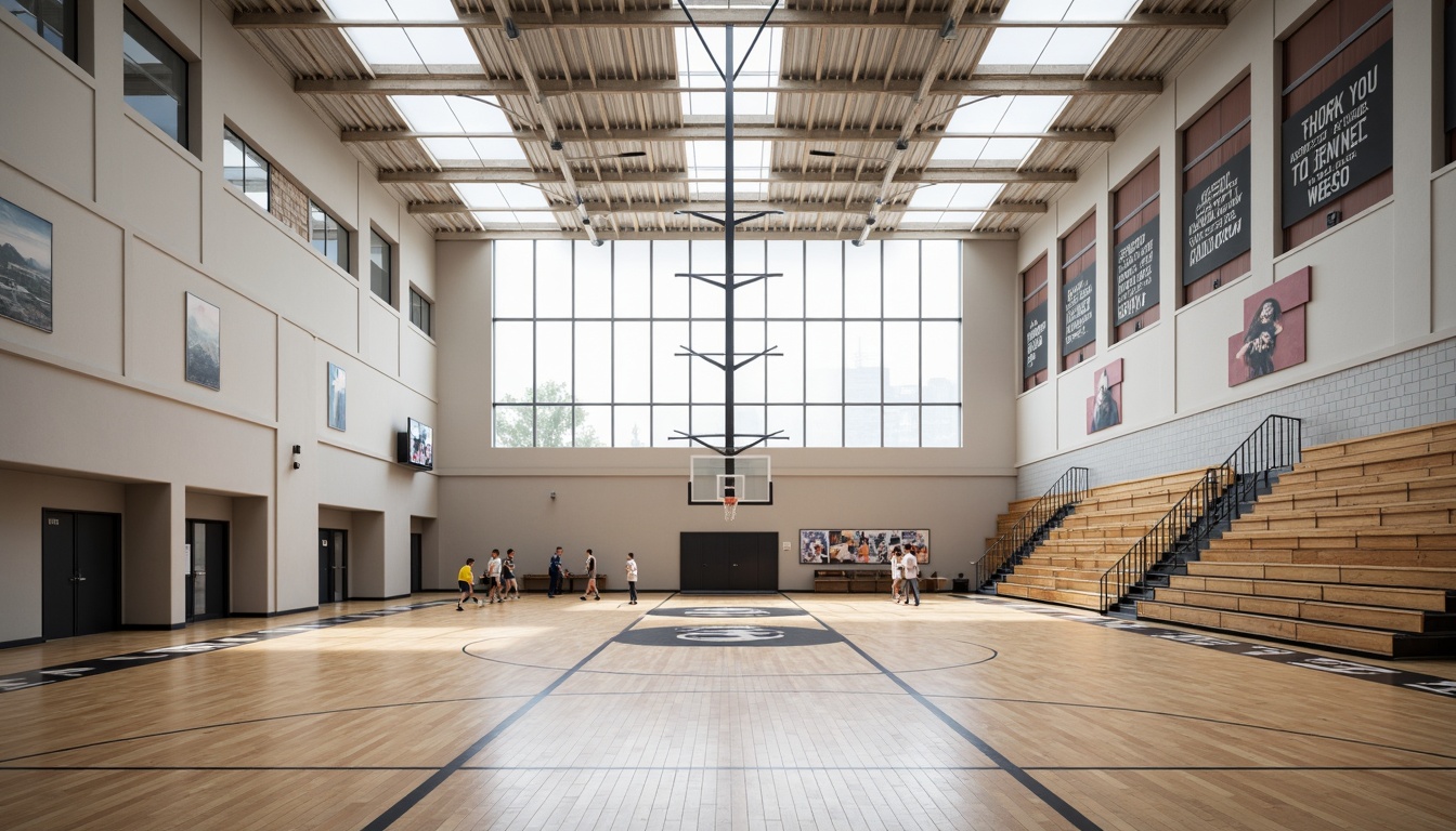 Prompt: Modern gymnasium interior, natural light pouring through large skylights, clerestory windows, high ceilings, polished wood flooring, sporty color scheme, basketball court markings, athletic equipment, bleacher seating, motivational quotes, trophy displays, minimal ornamentation, open spaces, airy atmosphere, soft diffused lighting, 1/1 composition, shallow depth of field, realistic textures.