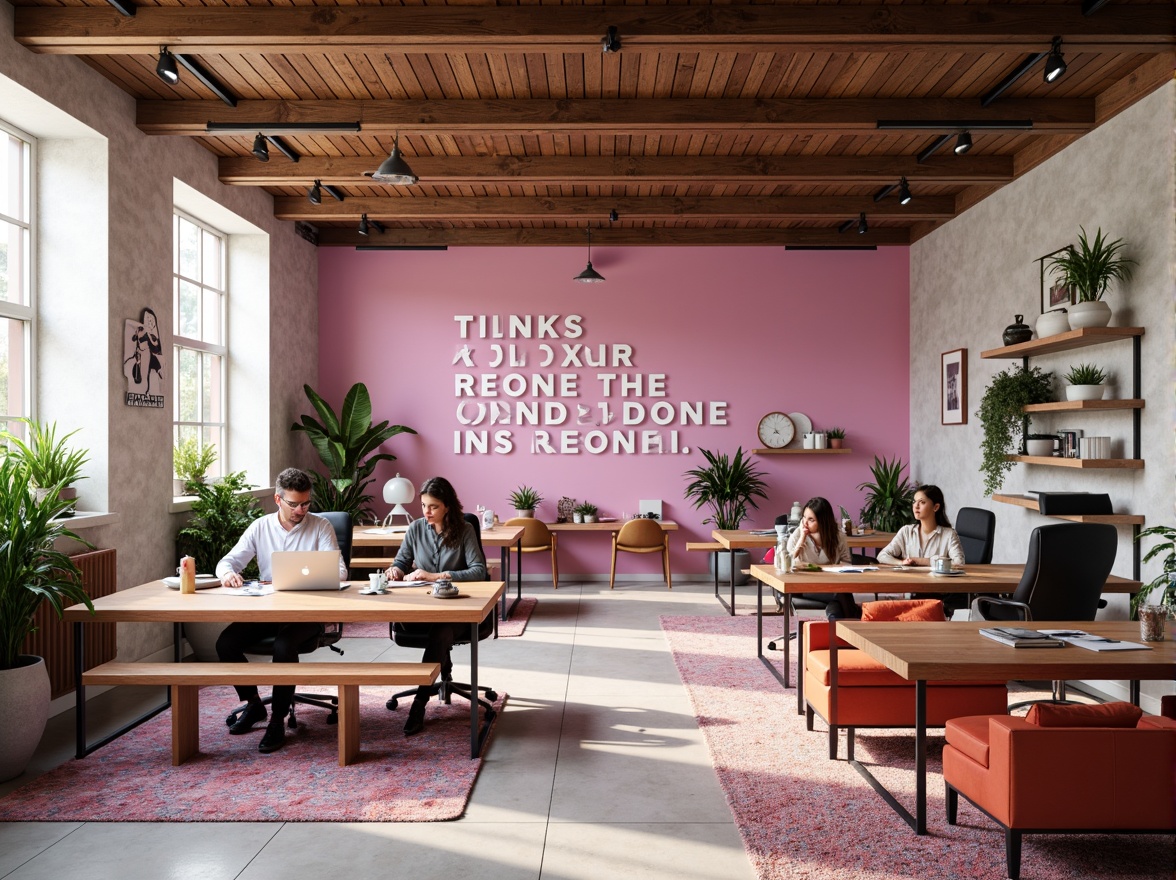 Prompt: Vibrant modern design studio, sleek minimalist workspace, creative brainstorming area, ergonomic furniture, neon color accents, bold typography, pastel pink walls, rich wood textures, industrial metal decor, natural light pouring in, shallow depth of field, 3/4 composition, realistic renderings, ambient occlusion.