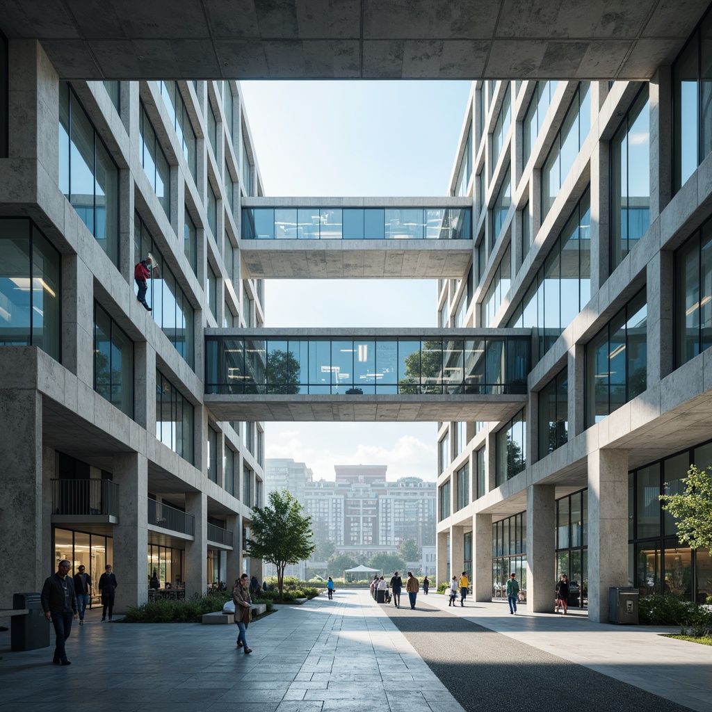 Prompt: Modern hospital building, structuralist architecture style, clean lines, minimalist design, functional spaces, stainless steel equipment, sterile environments, natural light influx, large windows, glass roofs, open floor plans, column-free spaces, cantilevered structures, asymmetrical facades, brutalist concrete textures, industrial-style lighting, 1/1 composition, high contrast colors, dramatic shadows, abstract patterns, futuristic ambiance.