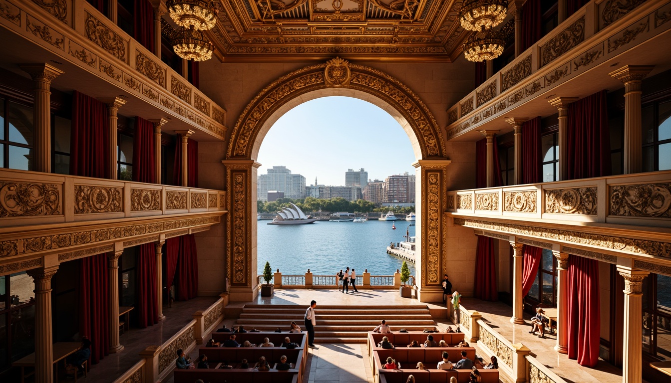 Prompt: Grand opera house, majestic staircase, opulent chandeliers, red velvet curtains, golden balconies, marble floors, ornate details, sweeping archways, dramatic lighting, luxurious fabrics, waterfront location, Sydney Harbour views, sailboat-filled bay, sunny afternoon, soft natural light, subtle shadows, 1/2 composition, symmetrical framing, vibrant color palette, intricate textures, ambient atmosphere.